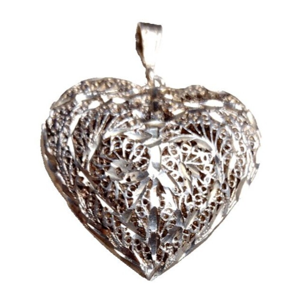 925 Sterling Silver Vintage Shiny Swirl Filigree Love Heart Pendant 2"